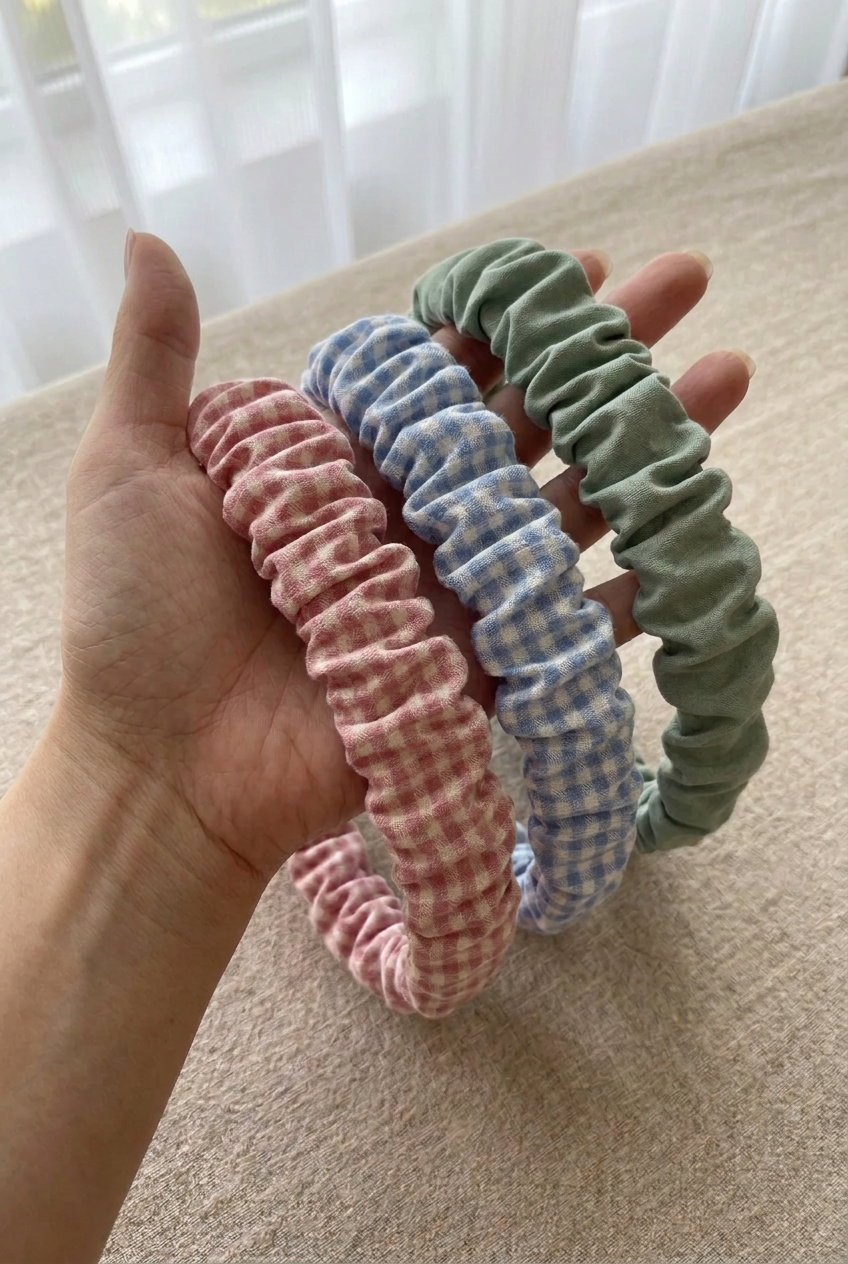 Bandas de vichy y verde salvia sostenidas por una mano femenina