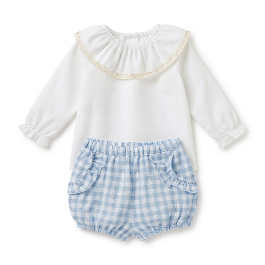 Camisa blanca de plumeti con braguita vichy azul claro