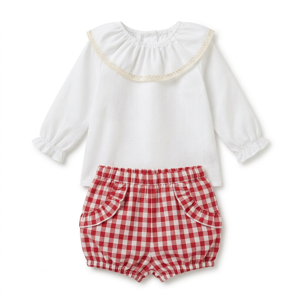 Camisa blanca de plumeti con braguita vichy roja