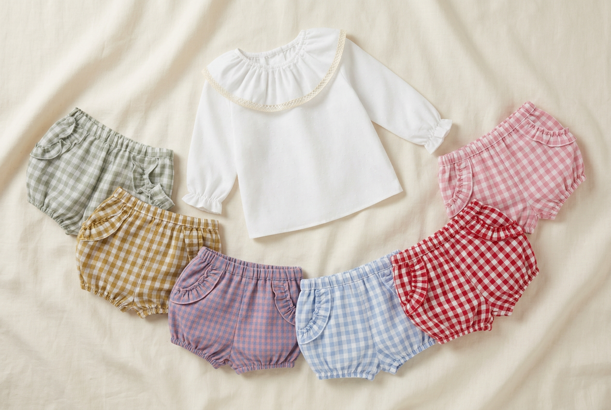 Composición dinámica de camisa blanca de plumeti y braguitas en seis colores