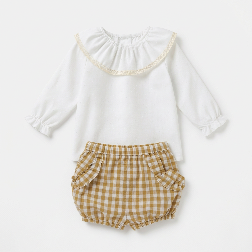 Conjunto de camisa blanca de plumeti y braguita vichy mostaza