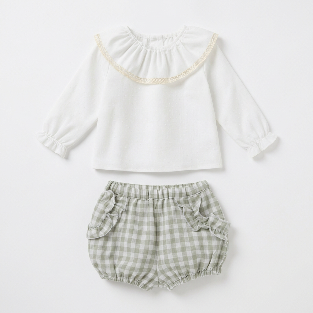 Conjunto de camisa blanca de plumeti y braguita vichy verde