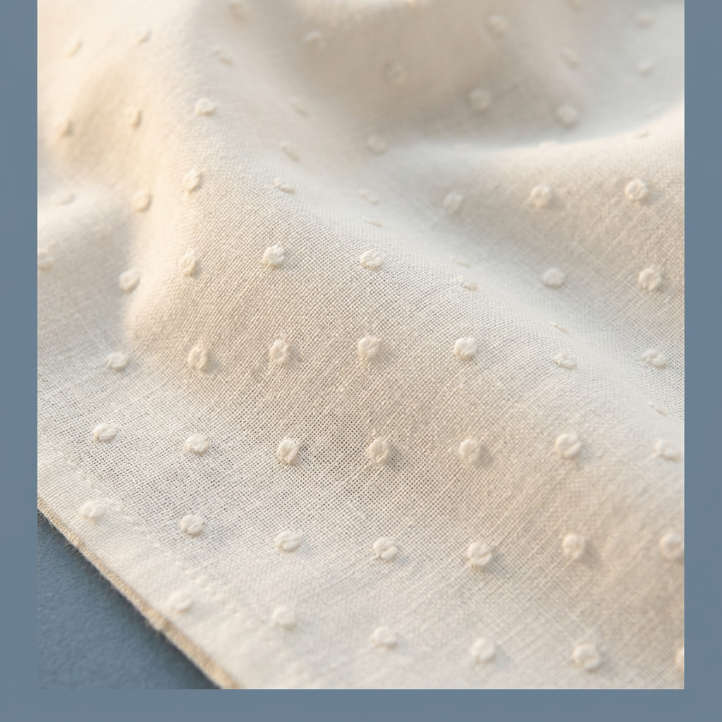 Detalle de tela plumetí blanco crudo sobre fondo gris azulado