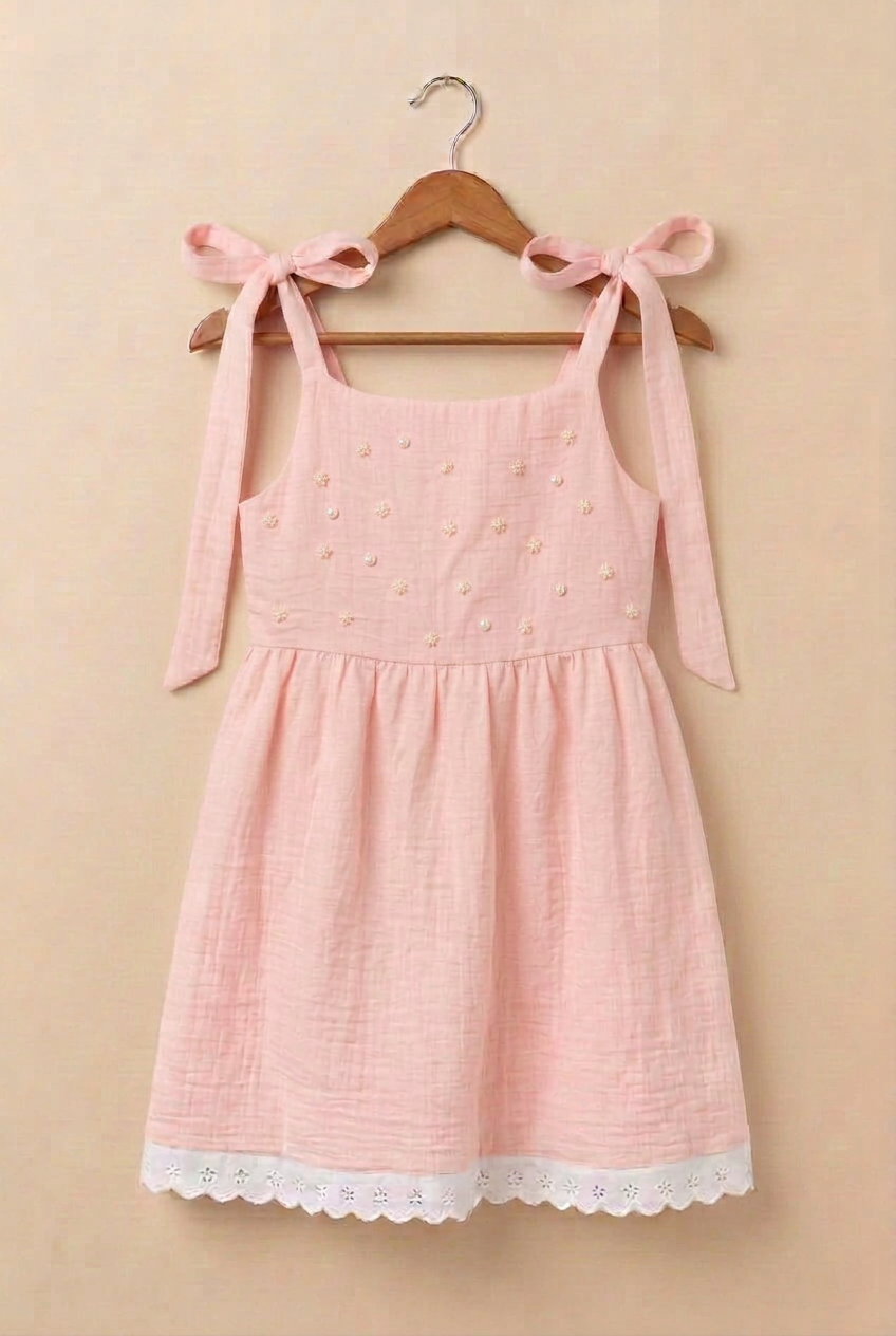 Vestido Amelí rosa con florecitas y perlas planas color perla en el canesú