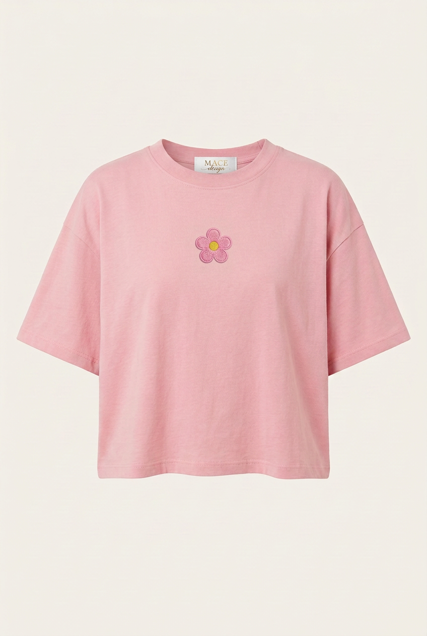 T-shirt women rosa con parche pequeño de flor rosa