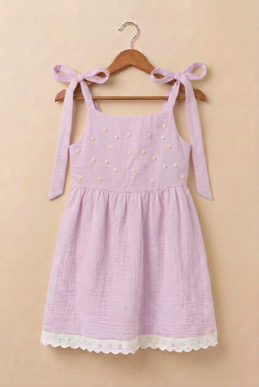 Vestido Amelí lila con florecitas y perlas planas color perla en el canesú