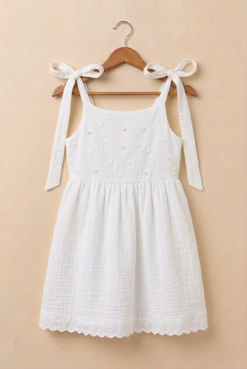 Vestido Amelí blanco con florecitas y perlas planas color perla en el canesú