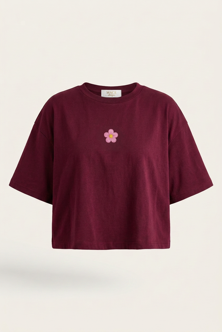 T-shirt women vino con parche pequeño de flor rosa