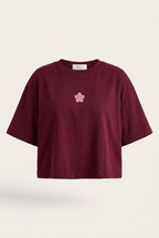 T-shirt women vino con parche pequeño de flor rosa