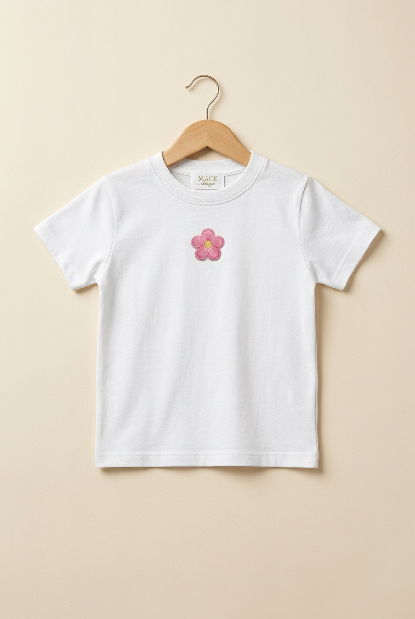 Camiseta infantil blanca con flor rosa pequeña