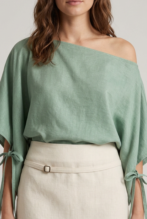 Modelo con blusa verde y falda de lino crudo