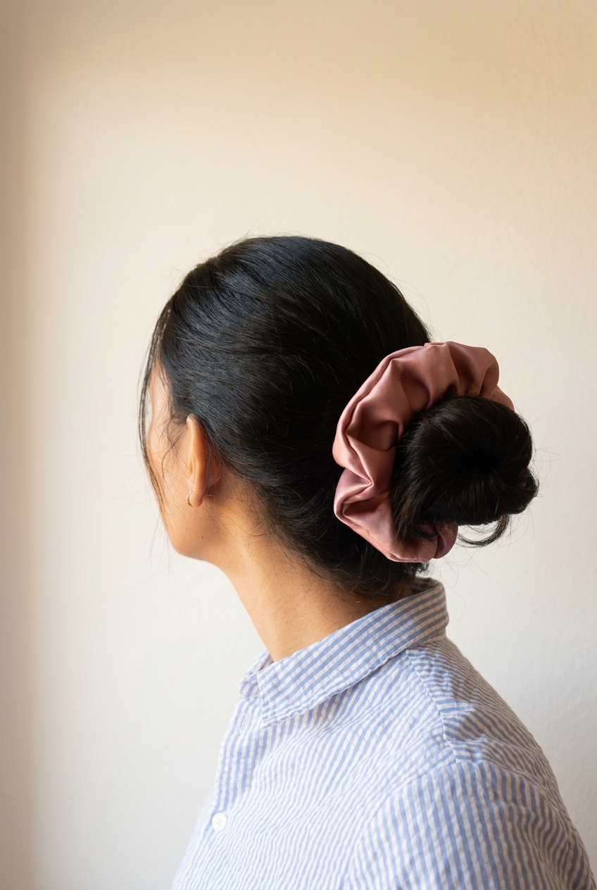 Propuesta con scrunchie de raso rosa y fondo neutro