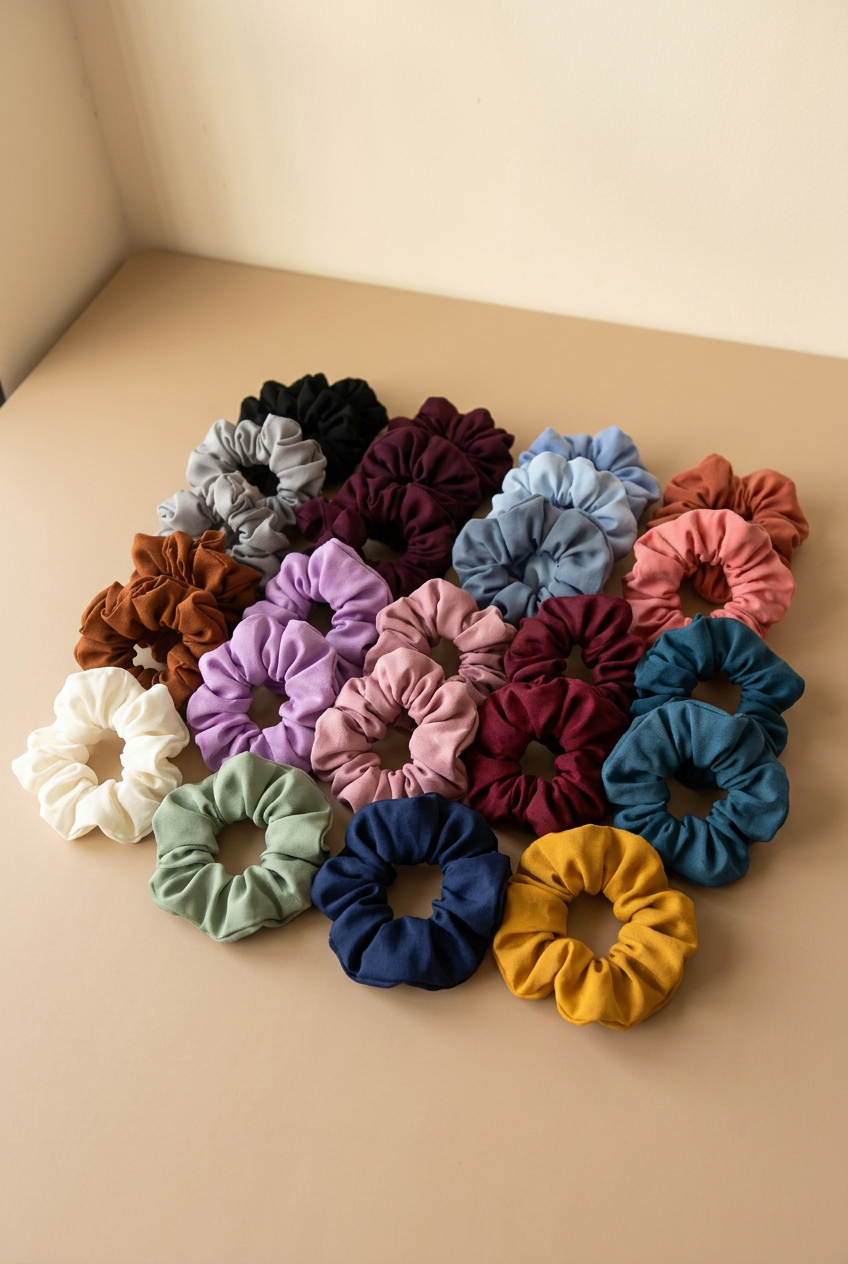 Scrunchies reorganizados con nuevos colores sobre fondo beige natural