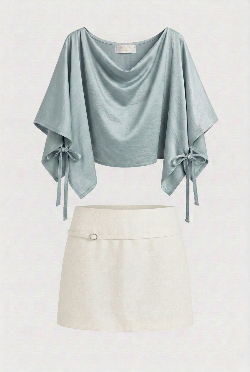 Set azul verdoso con falda cruda