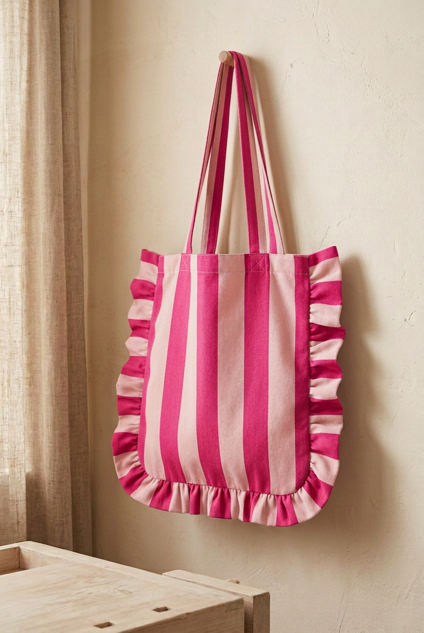 Tote colgada con rayas fucsia y rosa claro y volante liso fucsia