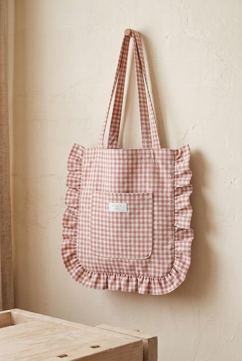 Tote compacta de vichy rosa con bolsillo y marquilla