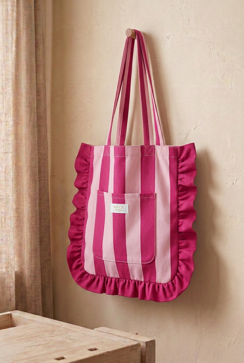 Tote compacta fucsia y rosa con bolsillo y marquilla