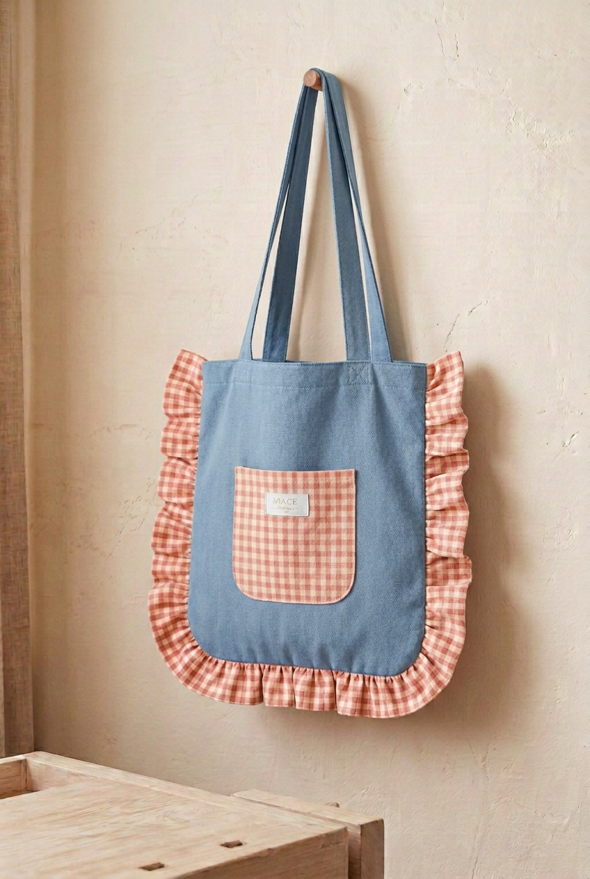 Tote con bolsillo de vichy más pequeño