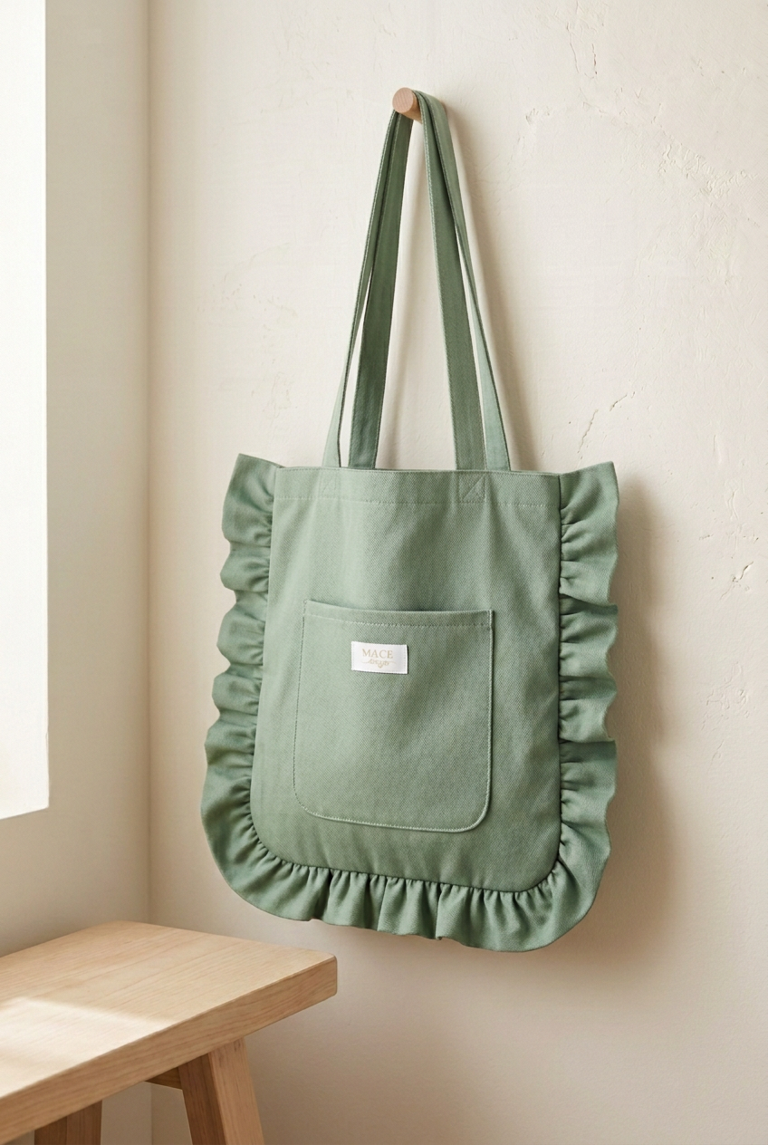 Tote verde salvia con tamaño de referencia vichy y bolsillo reducido