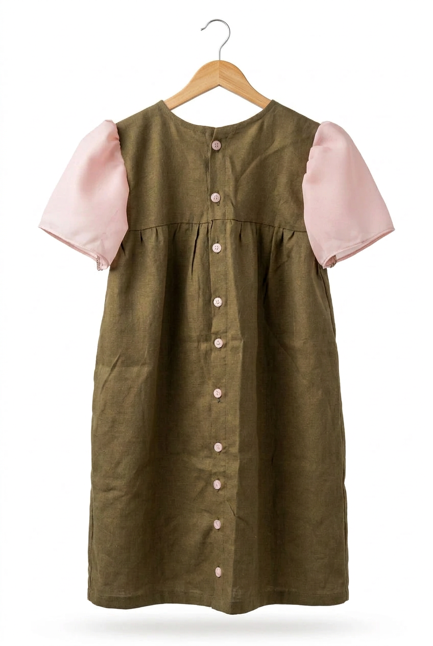 Vista trasera del vestido con percha de madera